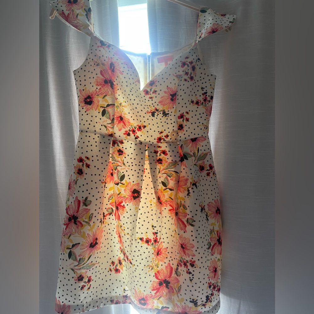 Re:named polka dot and floral dress with sweetheart neckline